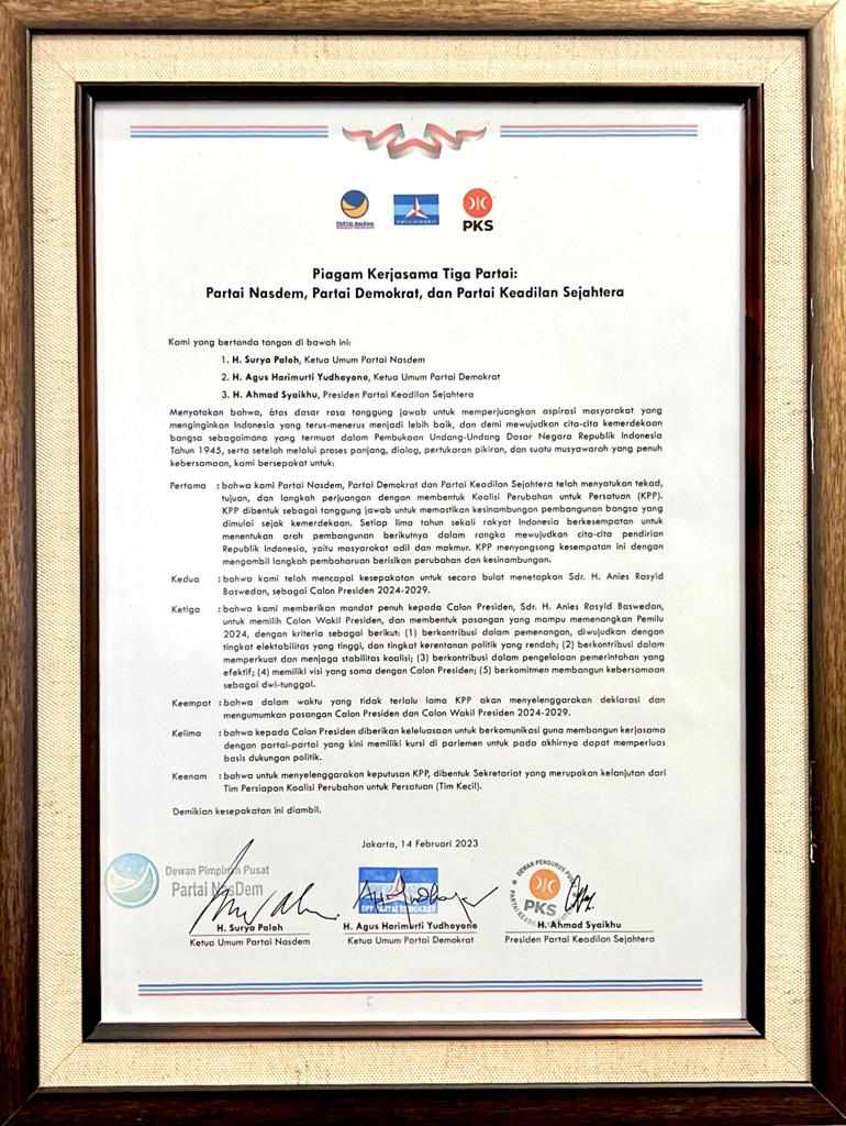 Resmi Ditandatangani, Ini 6 Poin Piagam Deklarasi Koalisi Perubahan untuk Persatuan