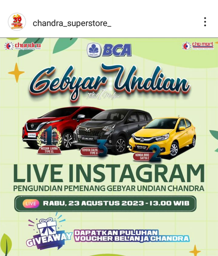 Belanja Nyaman Belanja Hemat di Chandra, Gebyar Undian 1 Miliar Undi Hari Ini, 3 Mobil!