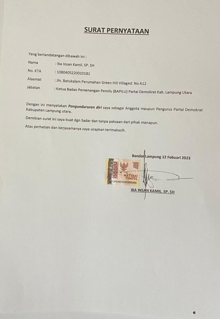 Ketua BAPILU Partai Demokrat Lampung Utara Mundur Diri