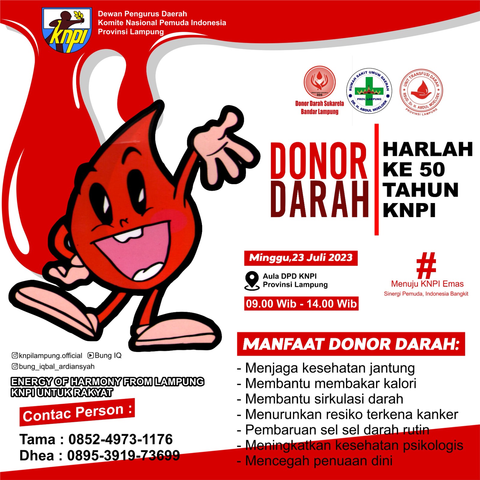 Dekatkan Pada Nadi Kemanusiaan, KNPI Lampung Donor Darah HUT Emas, Minggu