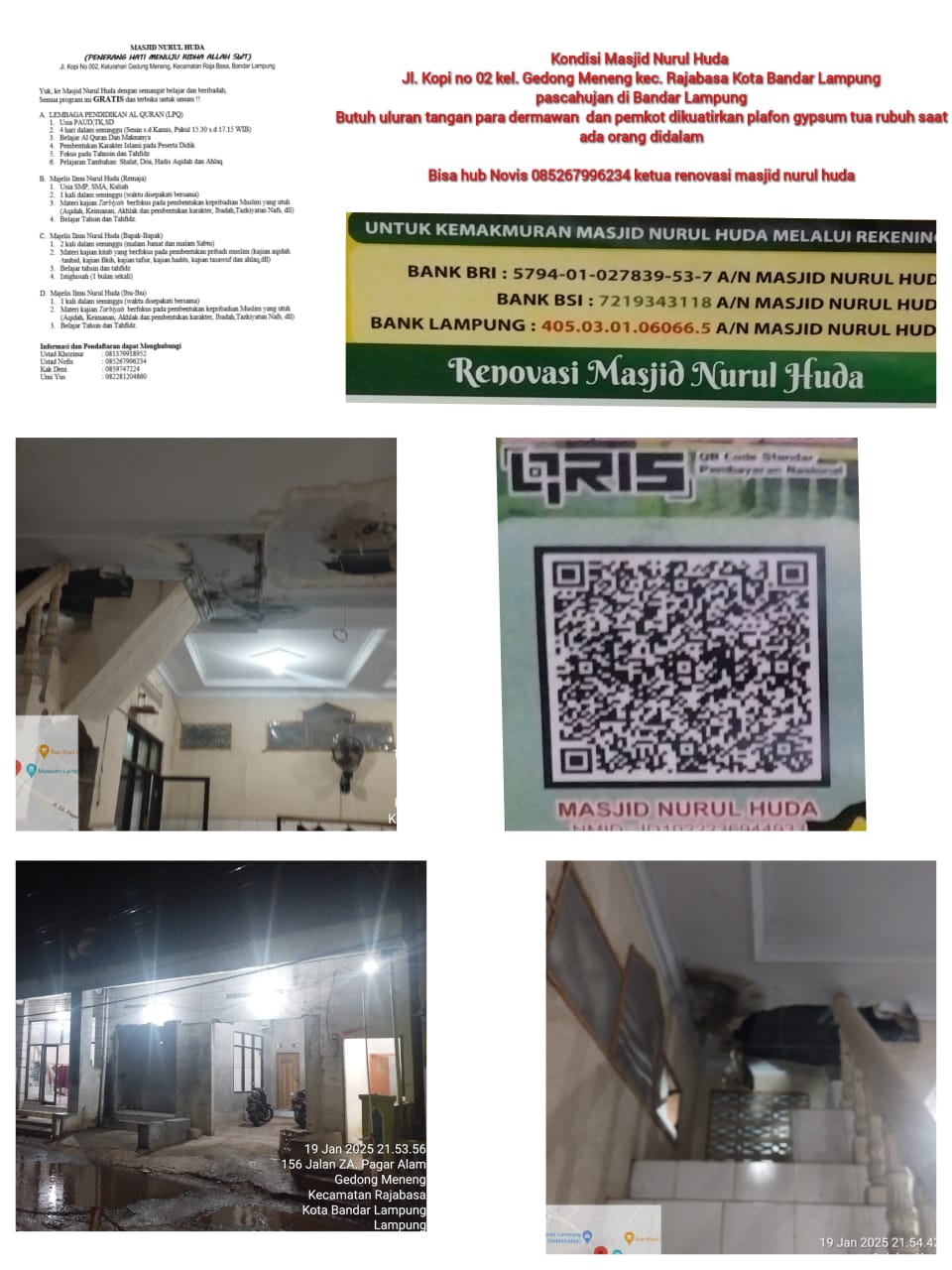 Masjid Nurul Huda Bandar Lampung Rusak Parah Akibat Hujan Deras, Butuh Bantuan Renovasi
