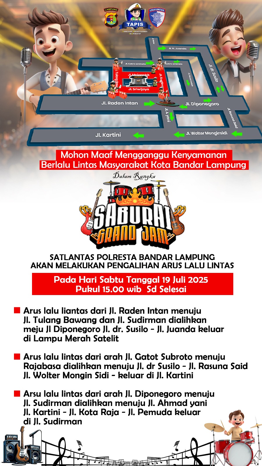 Saburai Grand Jam, Satlantas Polresta Bandar Lampung Alihkan Arus Lalu Lintas di Lingkar Lapangan Saburai