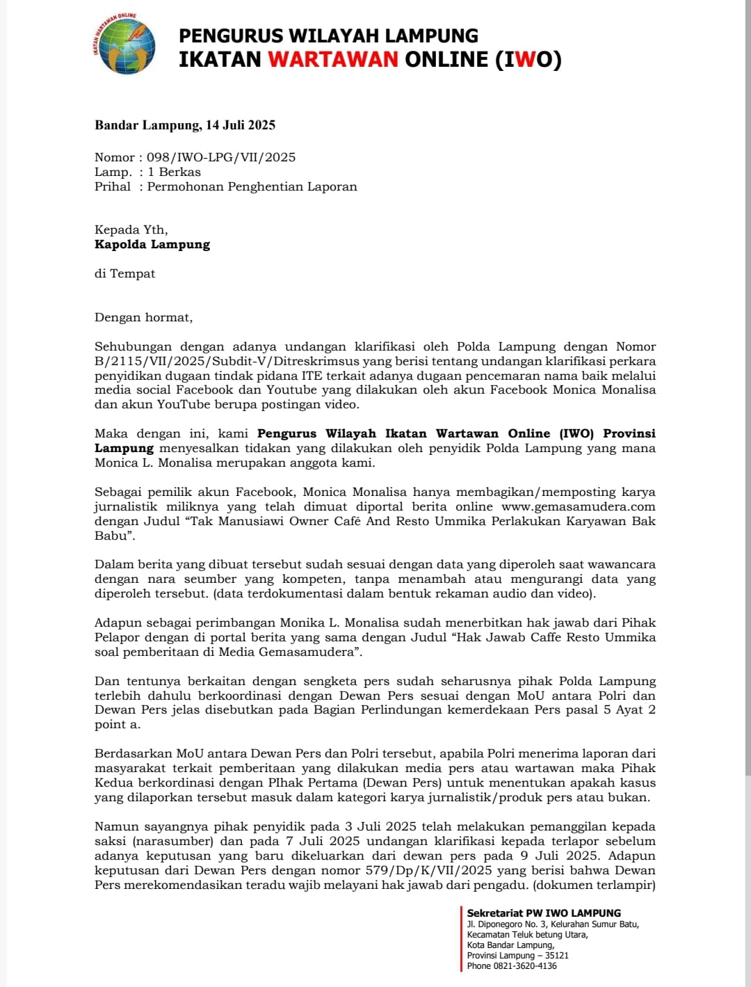 IWO Lampung Surati Polda, Minta Penghentian Kasus Hukum Jurnalis Monica Monalisa