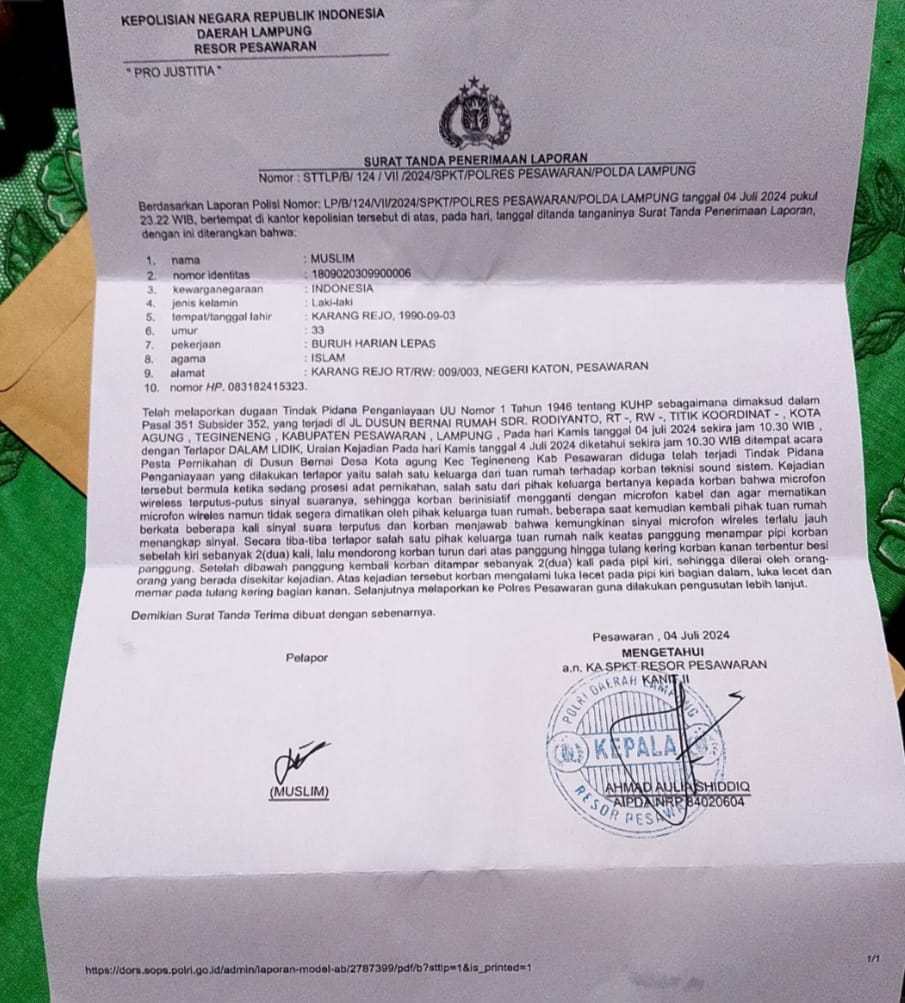 Operator Sound System Dipukul, Caleg Gerindra Pesawaran Dipolisikan