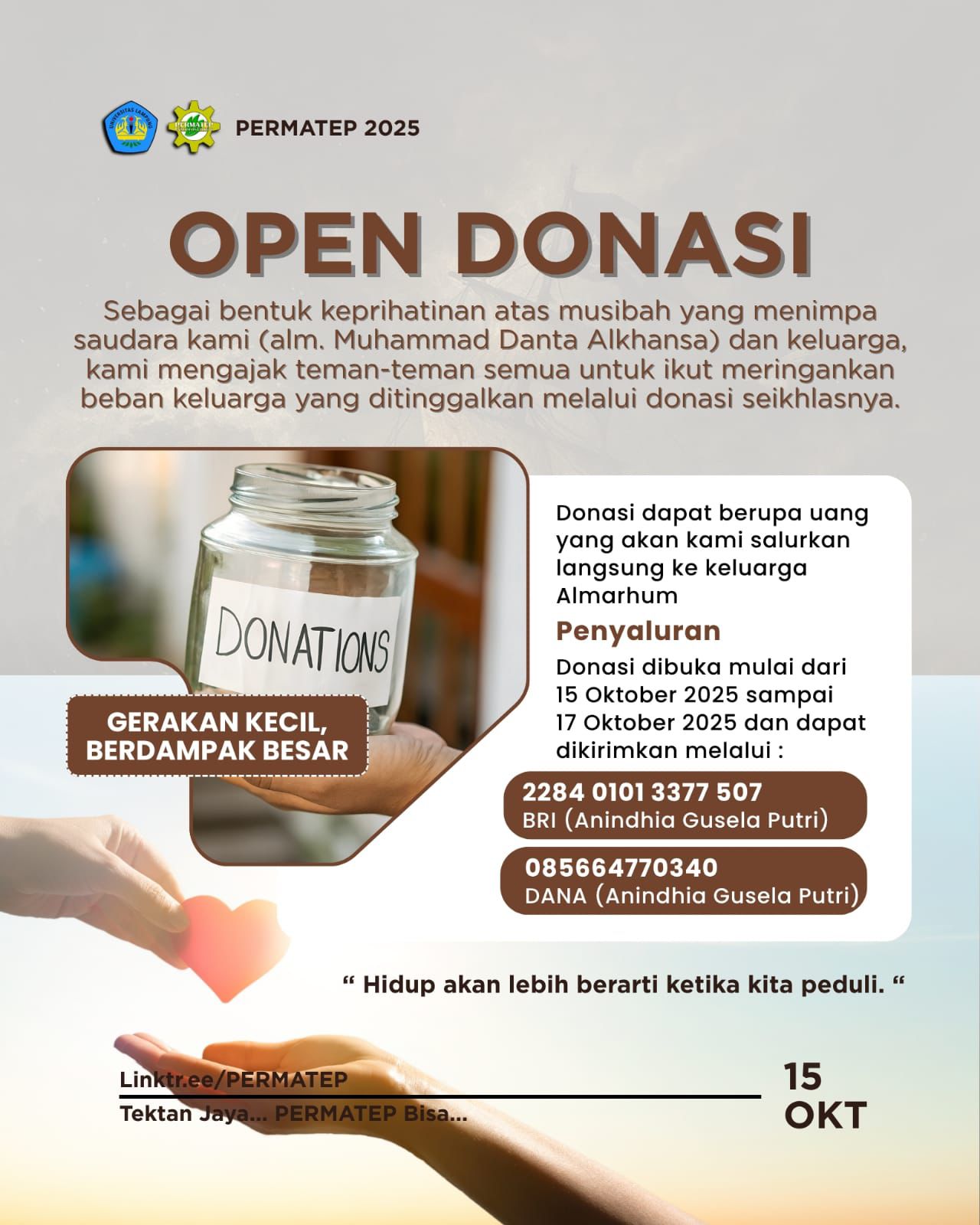 PERMATEP Unila Buka Donasi untuk Mahasiswa yang Jadi Korban Kebakaran